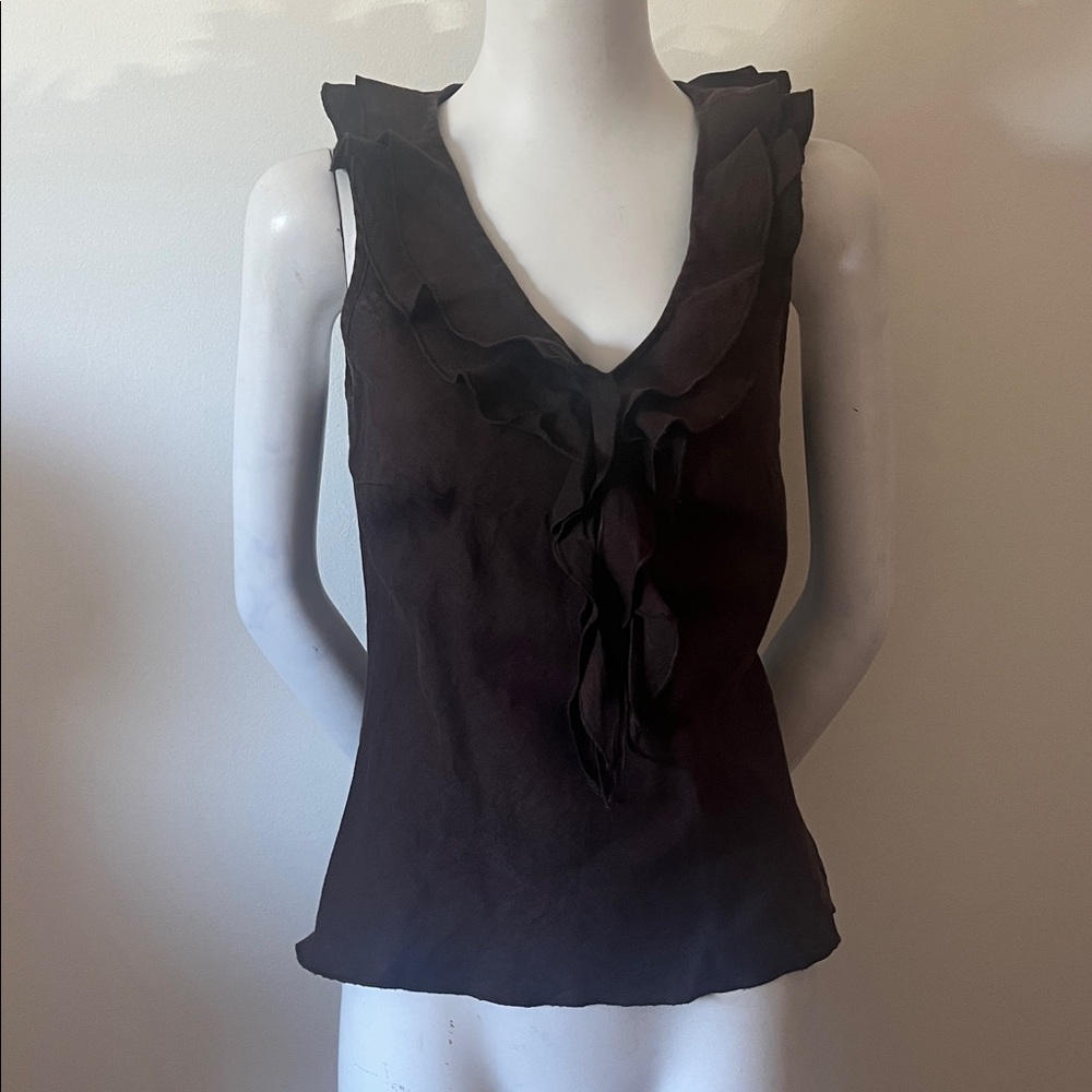 Ruffled Sleeveless Brown Blouse